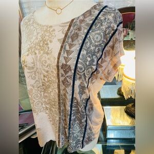 Women’s Beige Printed Short Sleeve Tunic with Brown & Navy Accents